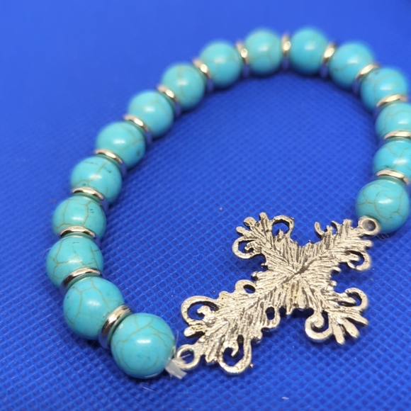 Natural Turquoise Beaded 10mm  Bracelet With Fancy Cross NWT - Picture 5 of 6